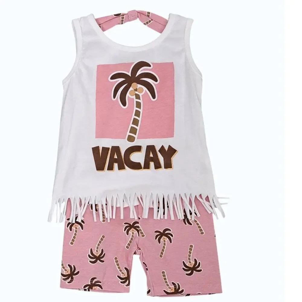Girl's Pink White Vacay Palm Tree Graphic Fringed Top Shorts Set 2T NWOT